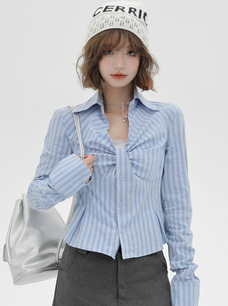 V Neck Shirt Slim Stripe Design Blue