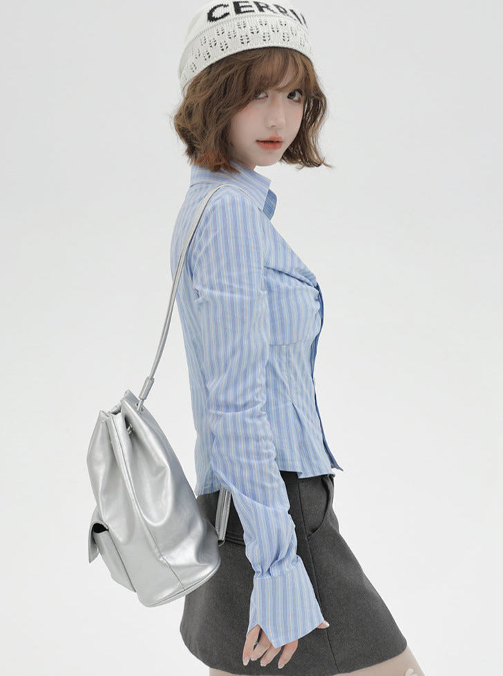 V Neck Shirt Slim Stripe Design Blue