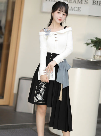 Top Schnalle Taille Asymmetrische Rock + Große Schleife Off-Shoulder China Hohe