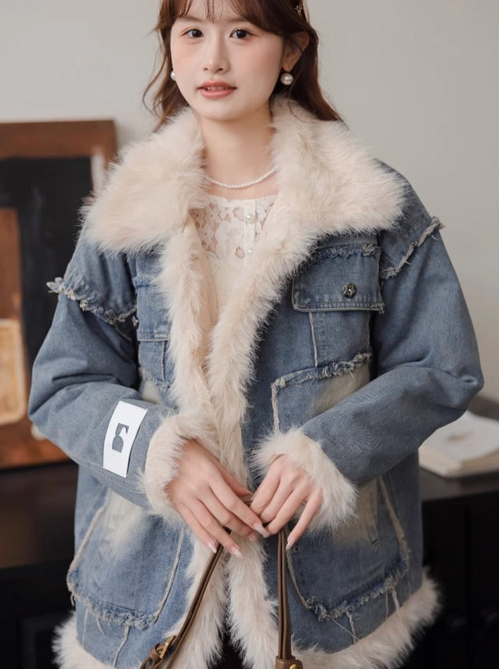 キルティングラペルブルーデニムジャケット