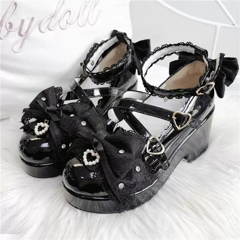 Black bow platform Mary Jane shoes with ankle straps