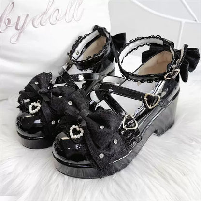 Black bow platform Mary Jane shoes with ankle straps