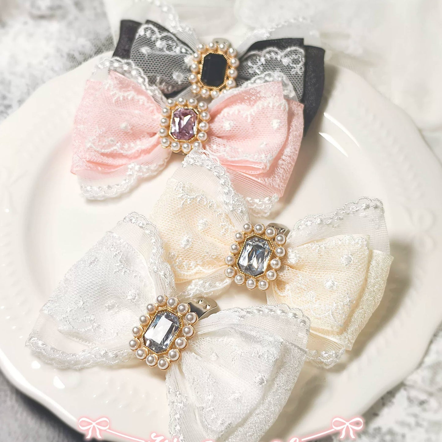 Handmade Heart Bow Shoe Clips with Lace & Pearl - Lolita Accessories
