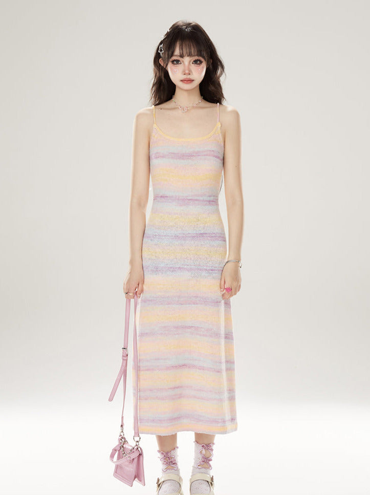 ニットサマードレス サスペンダー レインボーストライプ