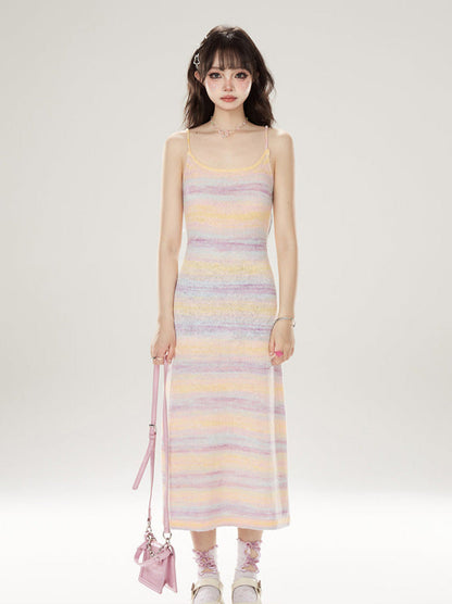 ニットサマードレス サスペンダー レインボーストライプ