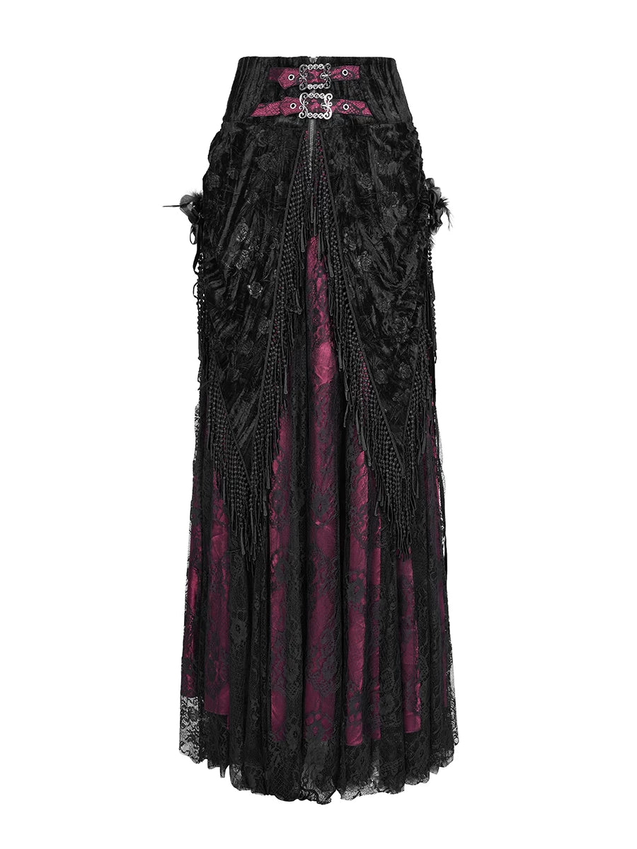 EVA LADY High-Waist Rose Embossed Velvet Fringe Skirt