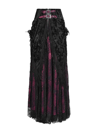 EVA LADY High-Waist Rose Embossed Velvet Fringe Skirt