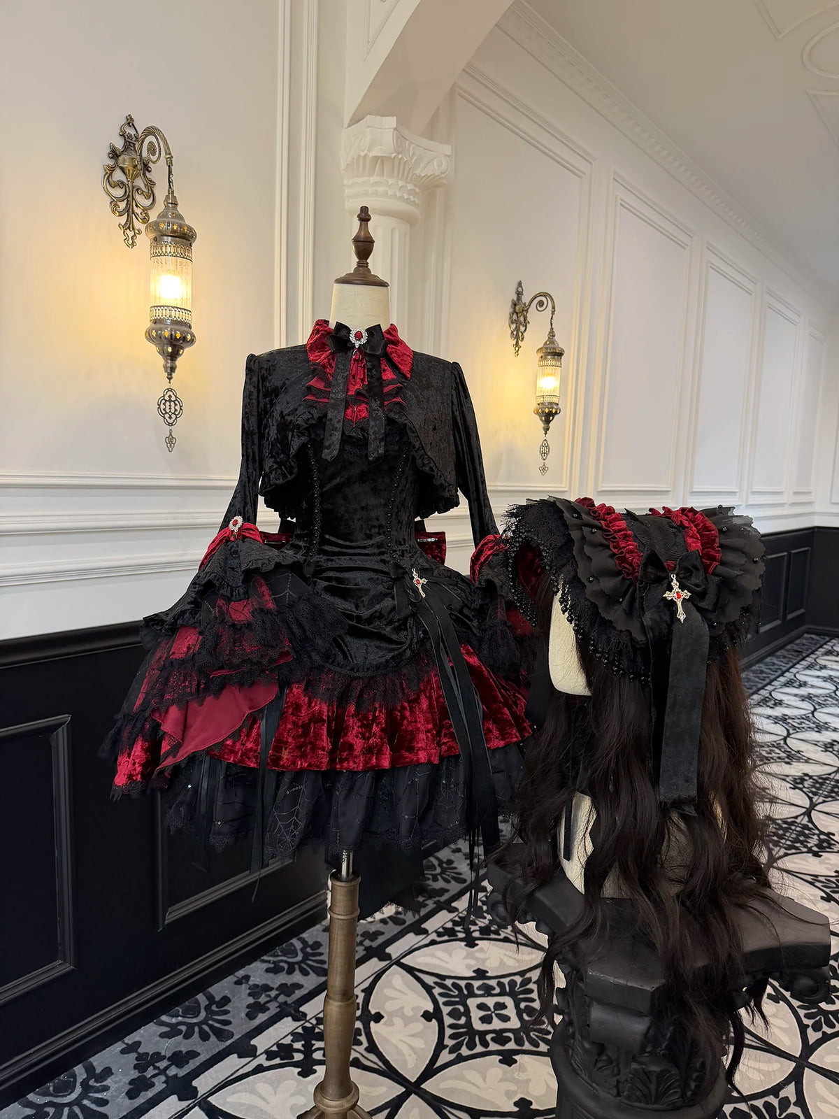 Sheer Ocean Dark Raven Poem red JSK and jacket on mannequin