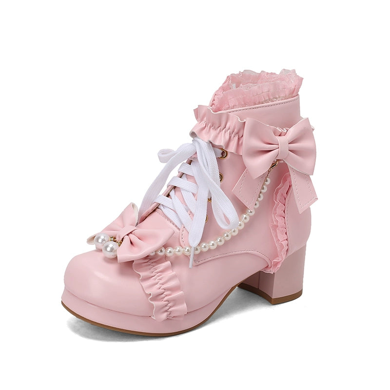 28-43 Sweet Martin Bow Pearl Lolita Boots