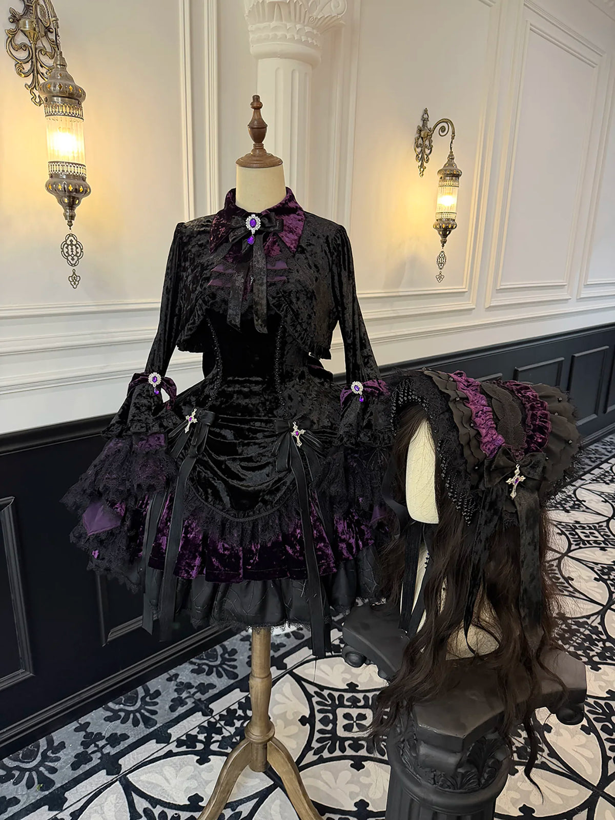 Sheer Ocean Dark Raven Poem purple JSK and jacket on mannequin