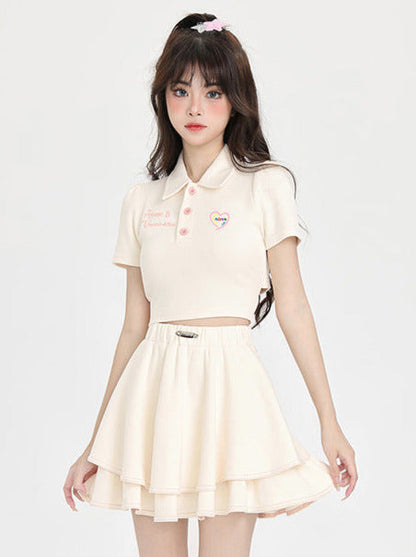 バックスタイルカラーポロリボンスカートシャツバレエショート