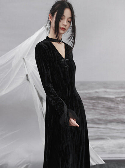 Spleißständer Chinesisches V-Kragen Mesh Romantisches Retro Samt Schwarzes Kleid