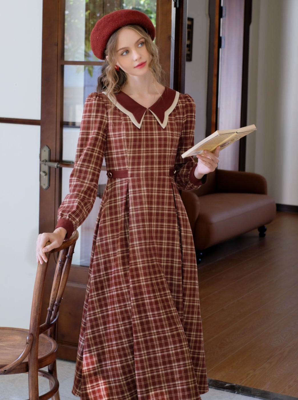 チェックドレス ラテ バタフライ レトロ ブラック ティーカラー フレンチ