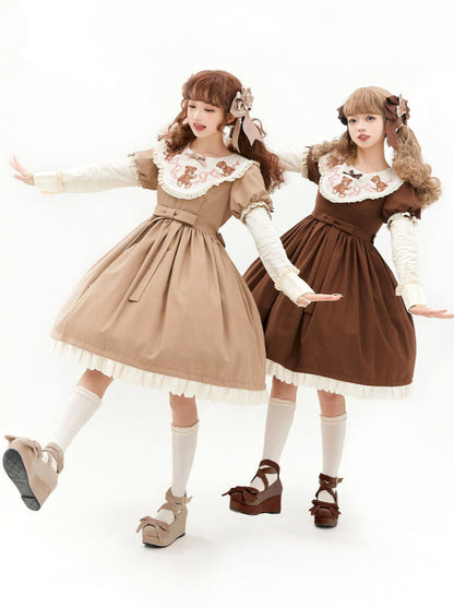 ロリータテディベアフラップレースパフスリーブリボンデレス