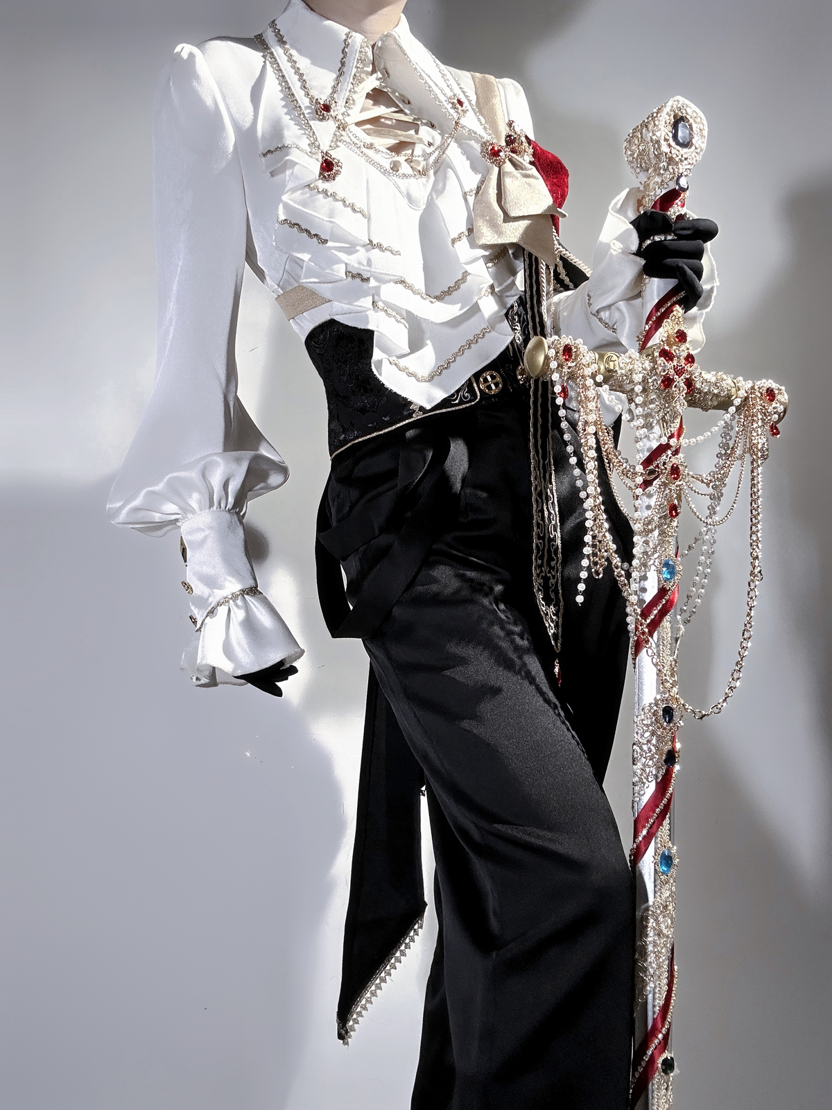 Knight’s Ceremony ouji outfit front view with ruffled white shirt and black pants