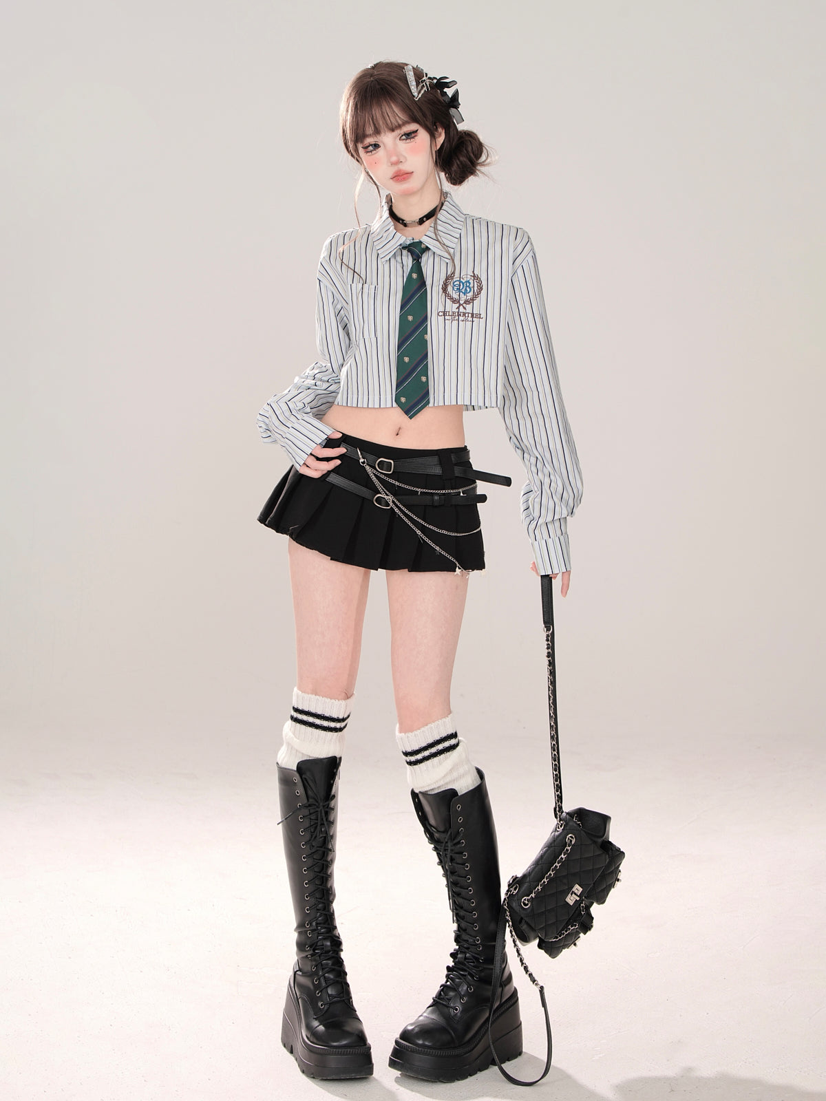 Tie Set Short Style Polo + Collar High Shirt Stripe School