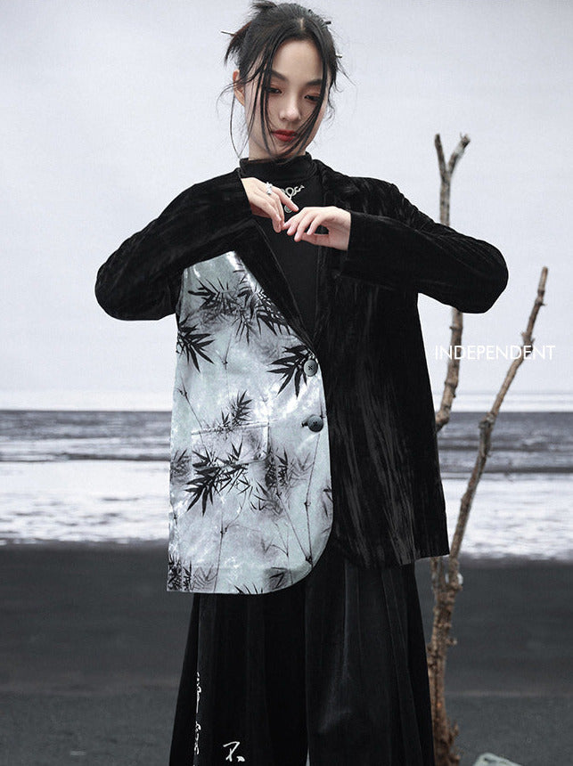 中国プリントジャケット コントラスト竹ベルベットカラースプライシング