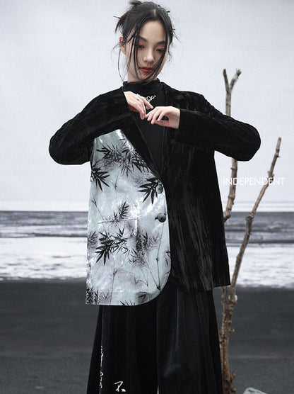 中国プリントジャケット コントラスト竹ベルベットカラースプライシング