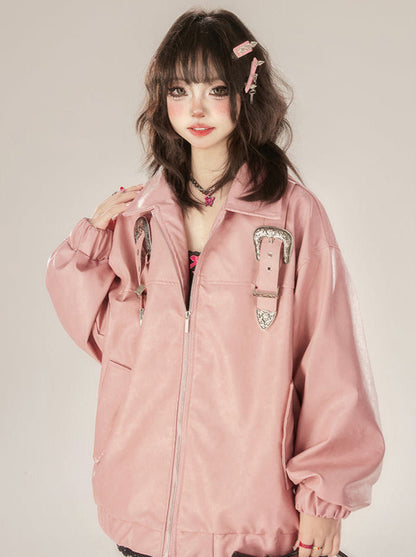 Jacket Retro Pink Design Leather Buckle Zip