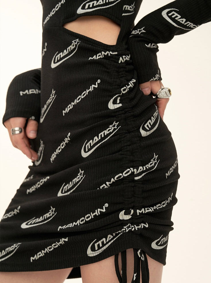 Shirring Logo Dress Print Full