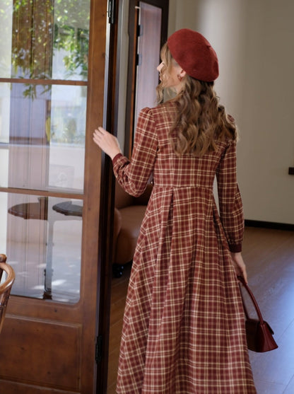 チェックドレス ラテ バタフライ レトロ ブラック ティーカラー フレンチ