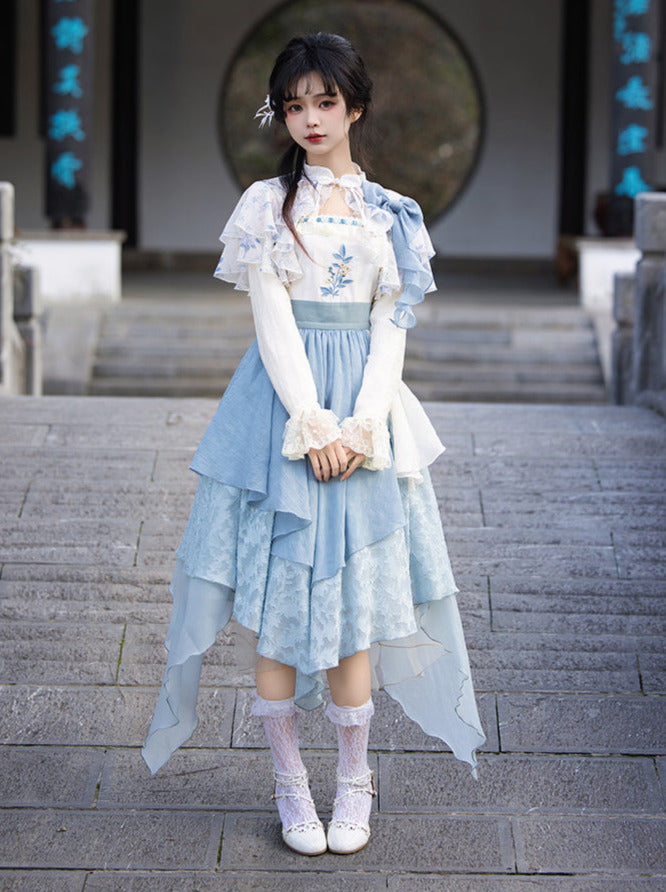 中国風フェイクイレギュラー刺繍ツーピースドレス