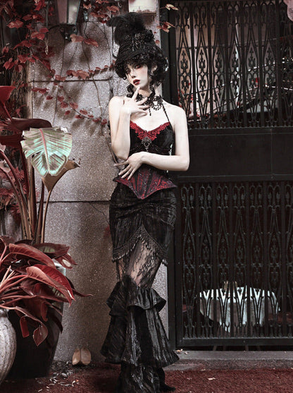 Mermaid Dutchess Gothic Hugging Hip Transparenter Samt-Spitzenrock