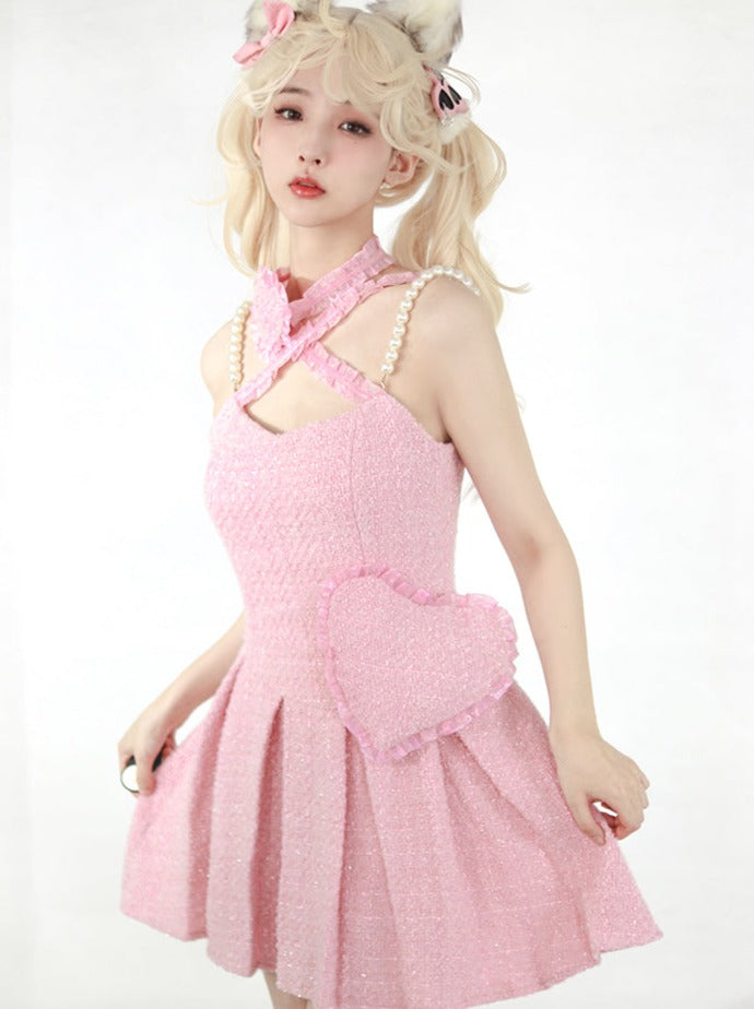 Großes süßes Kleid mit rosa Herz-Kreuz-Ausschnitt