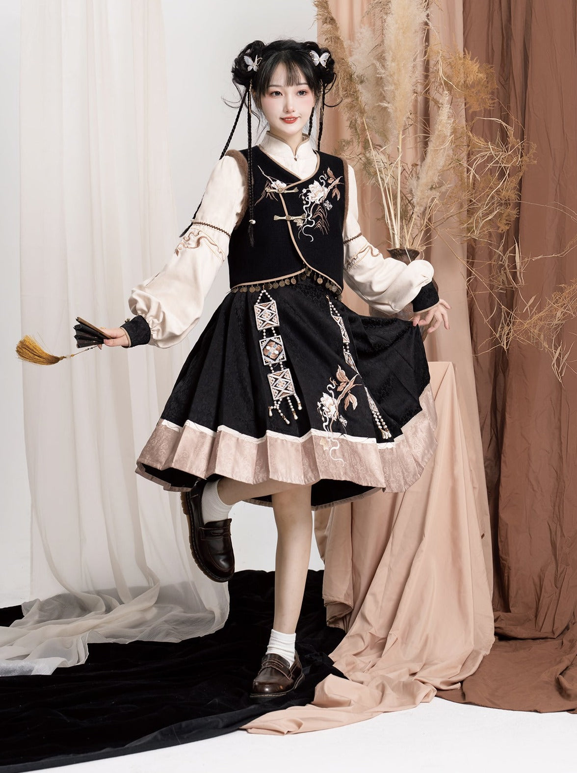 エキゾチックプラスブラウスベストフラワースリーブバッグショルダーバルーンフレアスカート