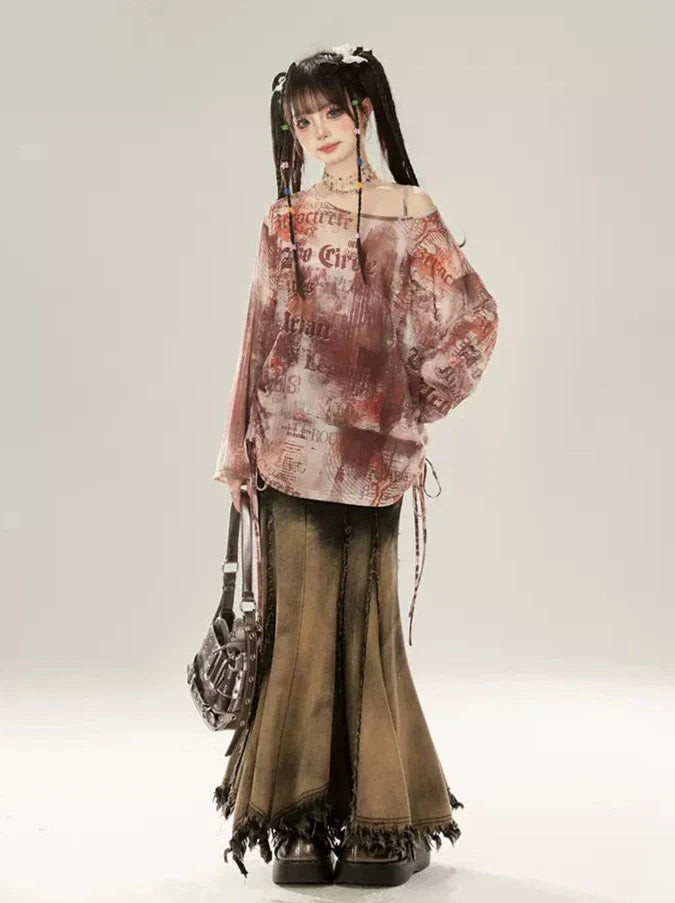 Print Drawstring Off-the-shoulder Digital American Shirt