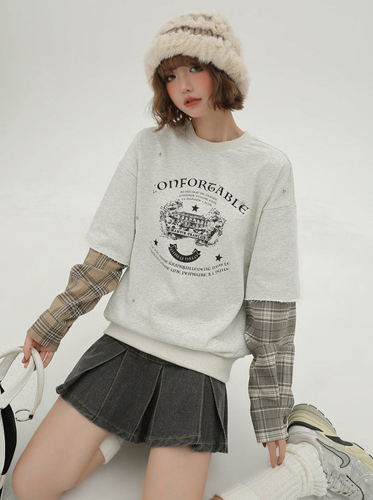 Sleeve Pullover Check American Sweat Faux Two-Piece Asymmetrical