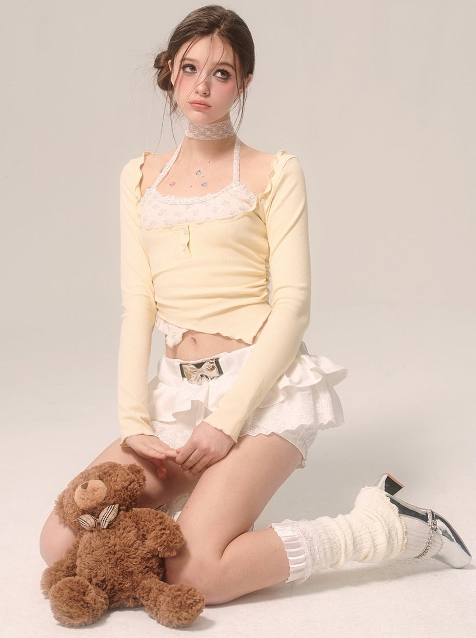 ミルキーフェイクピースクリームアイホルターツートップネックイエロー