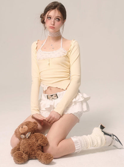 ミルキーフェイクピースクリームアイホルターツートップネックイエロー