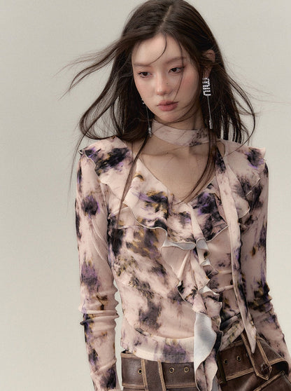 Nischen-Top mit V-Ausschnitt und Rüschendesign