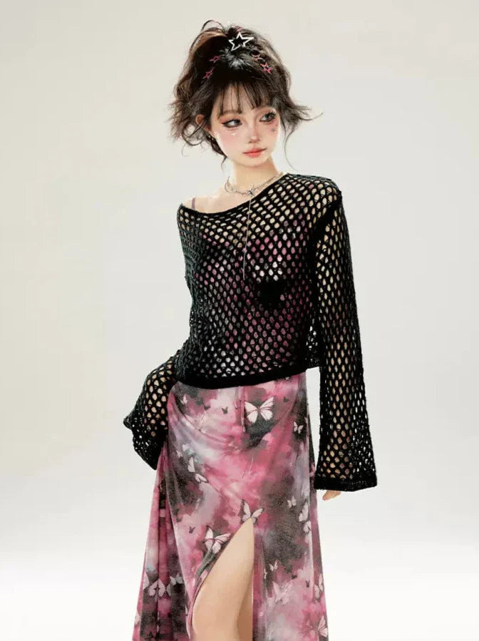 サスペンダードレス バタフライスリット ピンクグレー