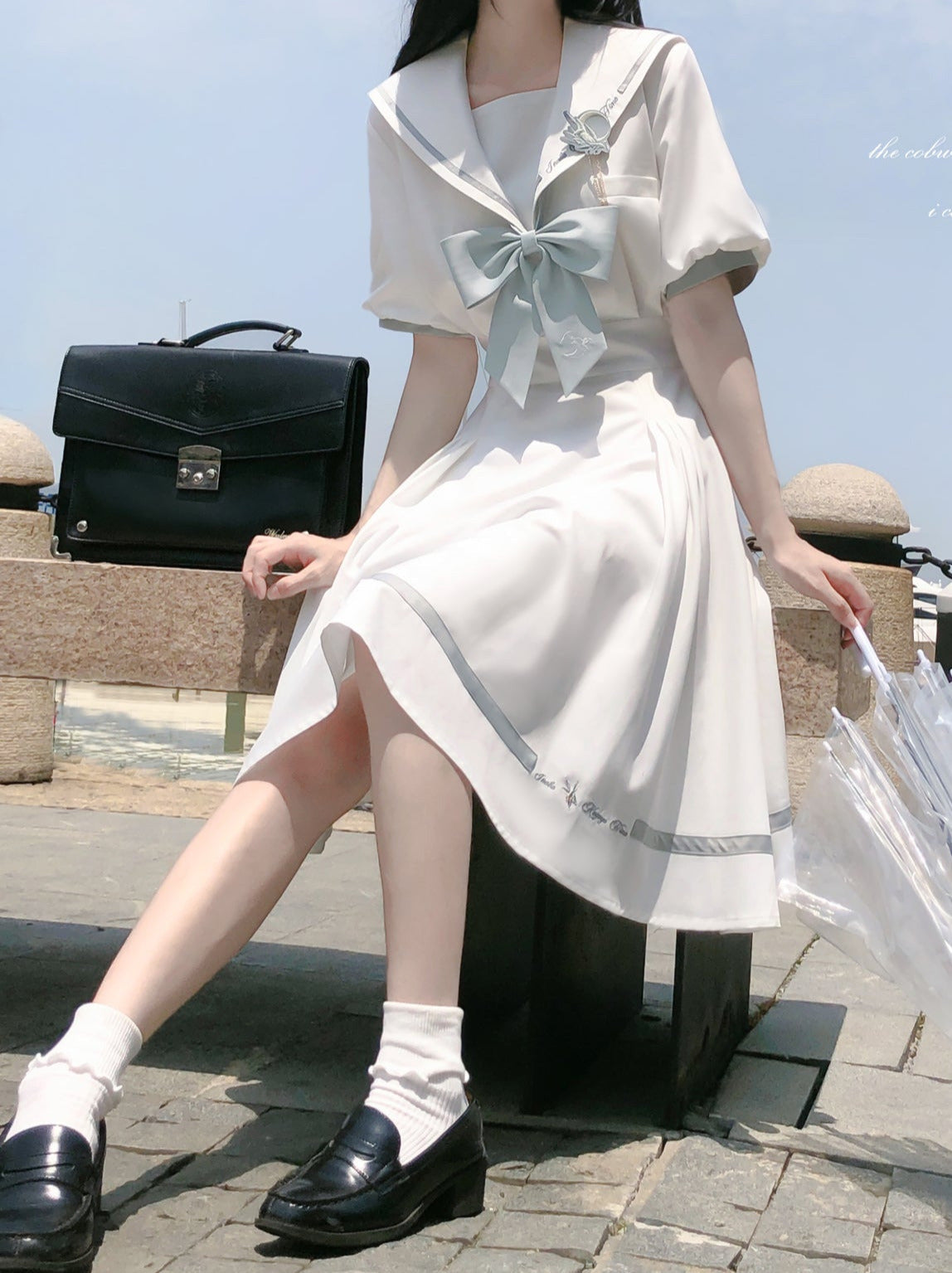 Tie Collar Puff + Sleeve Sailor Haori Tulle Dress Ribbon + Badge Overskirt