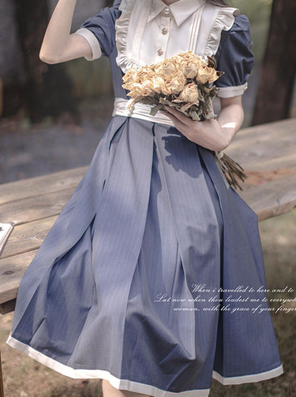 Retro Taillenkragen Sommergürtel Weißes Kleid Rüschen