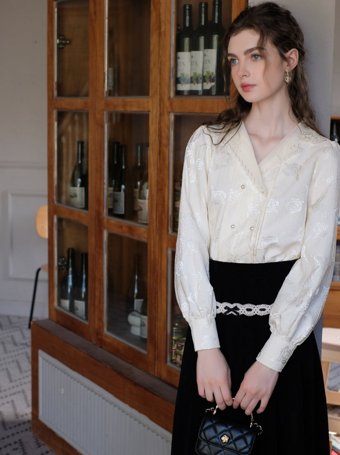 Jacquard Blumen Bluse Rock Hosenträger