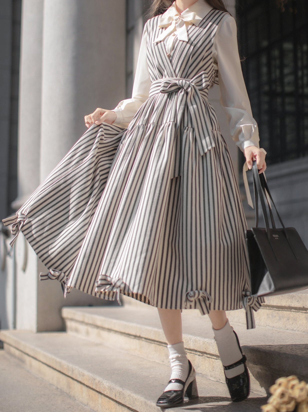Ribbon French V-Neck + Shirt Dress Retro Striped Ribbon