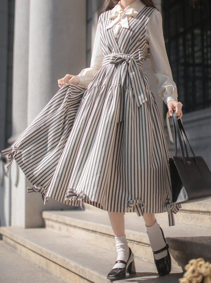 Ribbon French V-Neck + Shirt Dress Retro Striped Ribbon