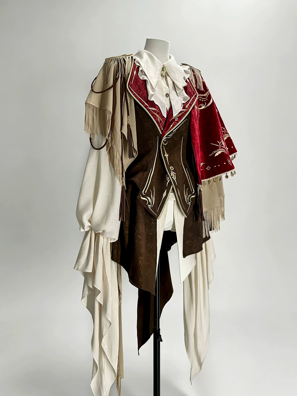 The Fool Burgundy shirt, vest and cape, front view — ZERO The Fool collection