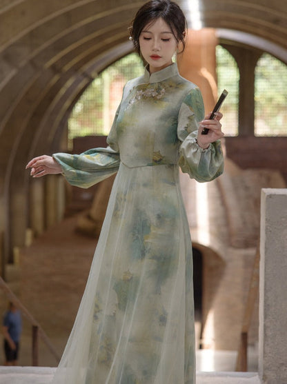 Neck Marbled Green Dress China Half