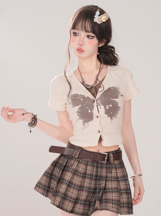 Two Piece Print Top Faux Butterfly Short V-Neck