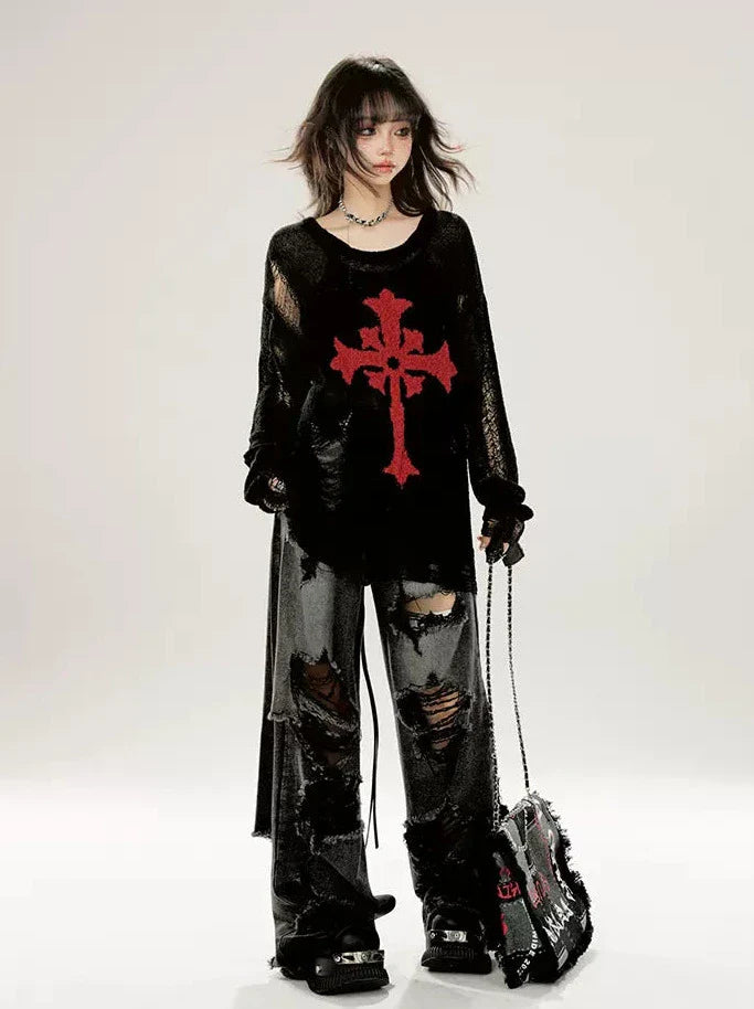 カットアウト リップド ルーズ サマーニット ダークプリント ブラック