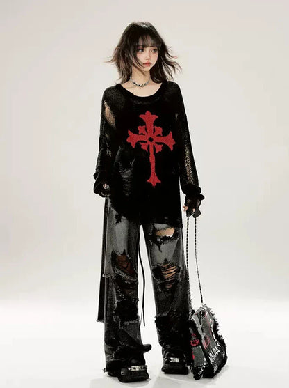 カットアウト リップド ルーズ サマーニット ダークプリント ブラック