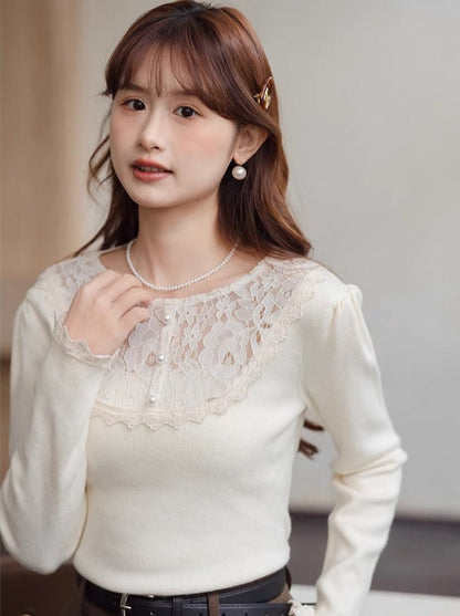 Stil Hals Slim Top Fit Französisch Spitze Rund