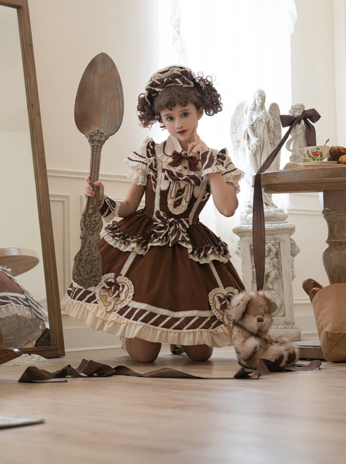 Süße Rüsche + Blusenrock Armwärmer Schokolade + Spitzenband Catsuit + Short Lolita