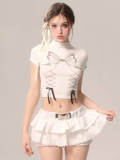 パールリボンスカート ホワイトフレンチパンツ レースフレア ホワイトアイ