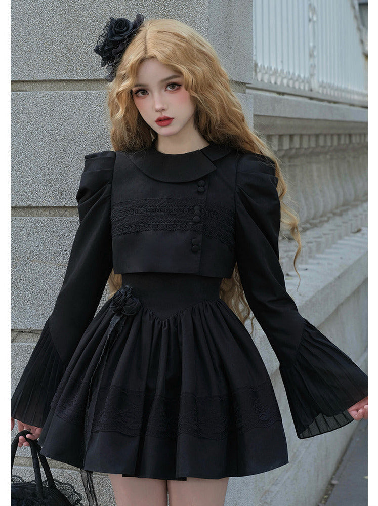 Bluse Spitze Weiß + Jacke Kleid Schwarz Schwarz Klassisches Kleid Gothic Und Nacht Rüschen Traveller