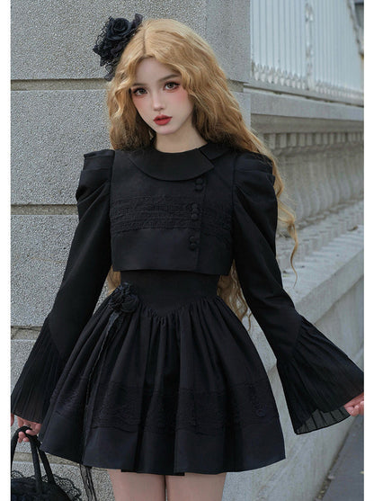 Bluse Spitze Weiß + Jacke Kleid Schwarz Schwarz Klassisches Kleid Gothic Und Nacht Rüschen Traveller